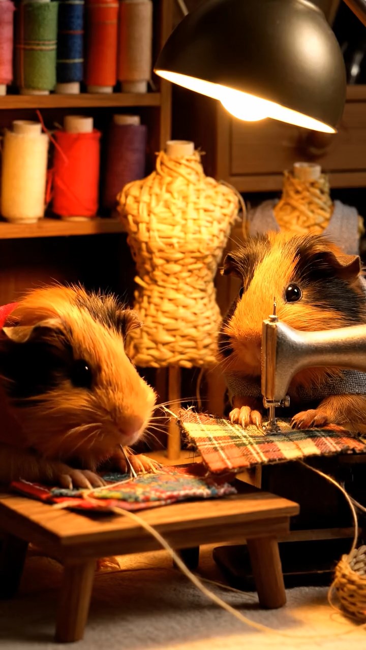 392. Realistic scene of 2 smooth-haired Californian guinea pigs with Orange and Black fur, dressed as tailors in tiny vests, sewing miniature vests in a guinea pig atelier with colorful fabrics and hay mannequins, under warm lamplight, enhancing the lifelike, creative atmosphere.