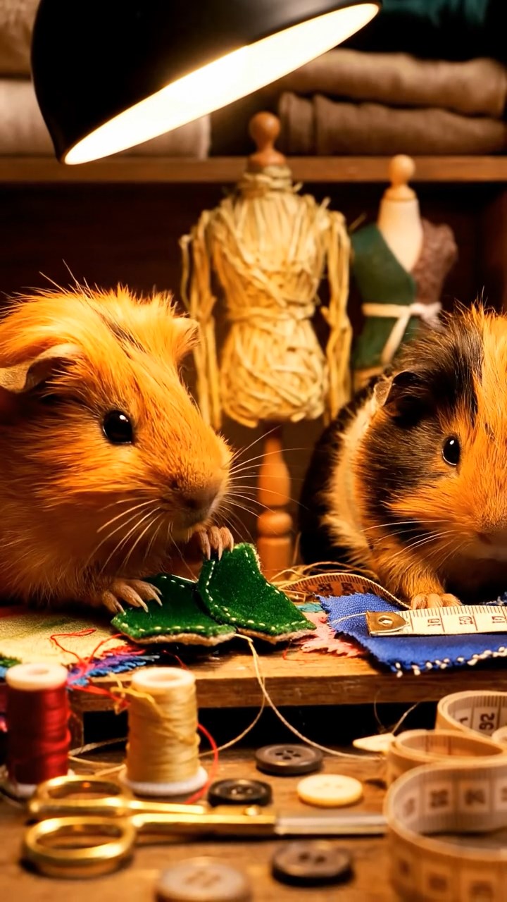 392. Realistic scene of 2 smooth-haired Californian guinea pigs with Orange and Black fur, dressed as tailors in tiny vests, sewing miniature vests in a guinea pig atelier with colorful fabrics and hay mannequins, under warm lamplight, enhancing the lifelike, creative atmosphere.