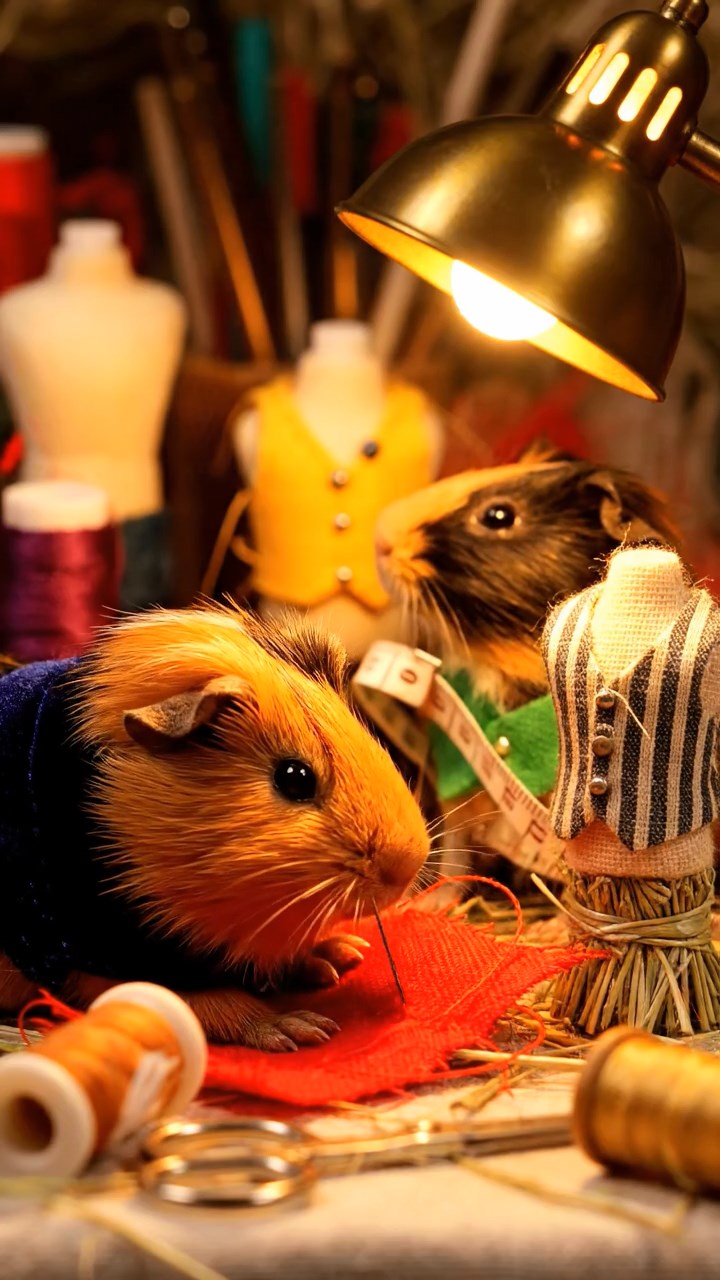 392. Realistic scene of 2 smooth-haired Californian guinea pigs with Orange and Black fur, dressed as tailors in tiny vests, sewing miniature vests in a guinea pig atelier with colorful fabrics and hay mannequins, under warm lamplight, enhancing the lifelike, creative atmosphere.