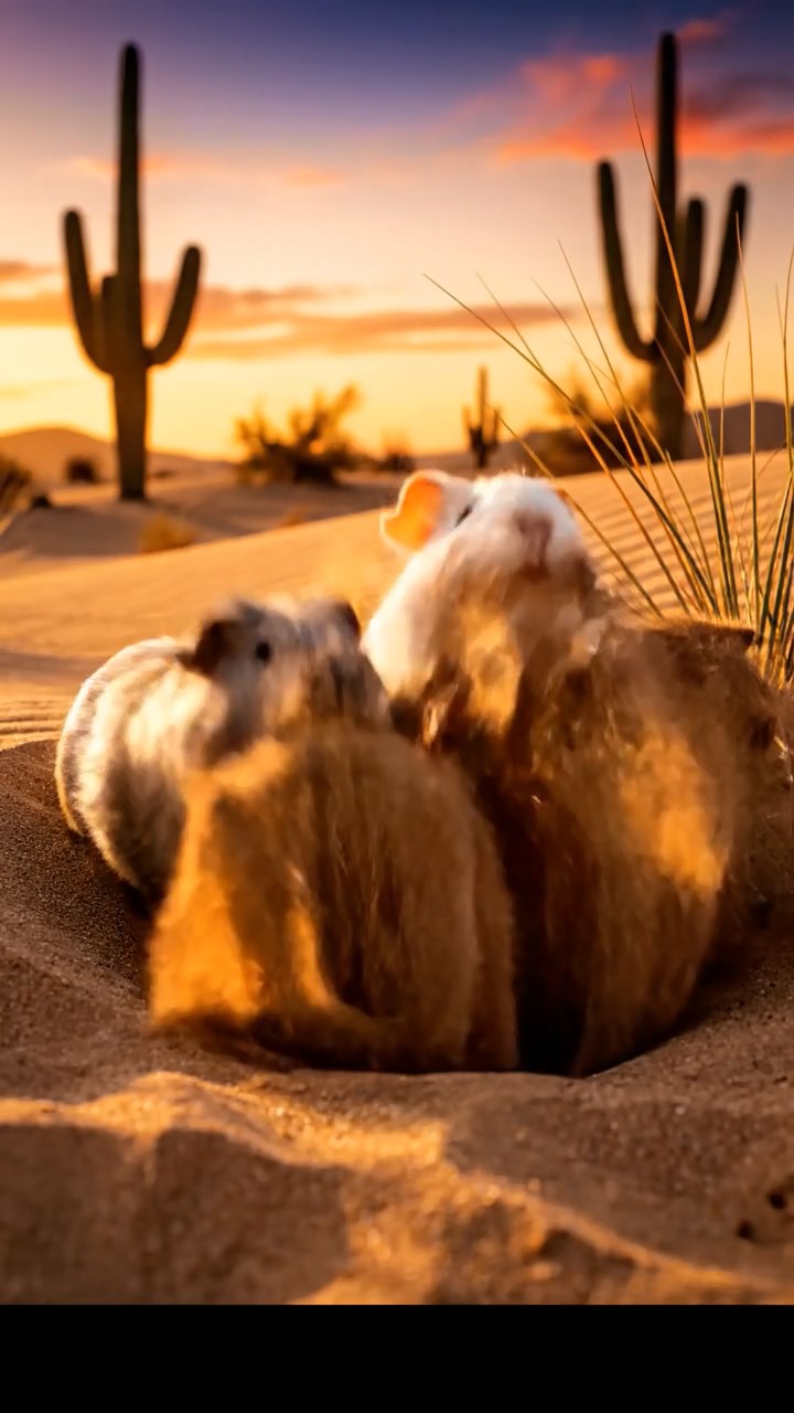 393. Detailed photo of 3 smooth-haired American guinea pigs with Gray, Cream, and Brown fur, burrowing like rabbits in a sandy dune with sparse grass and distant cacti, under a golden sunset, creating a vivid, realistic desert scene.