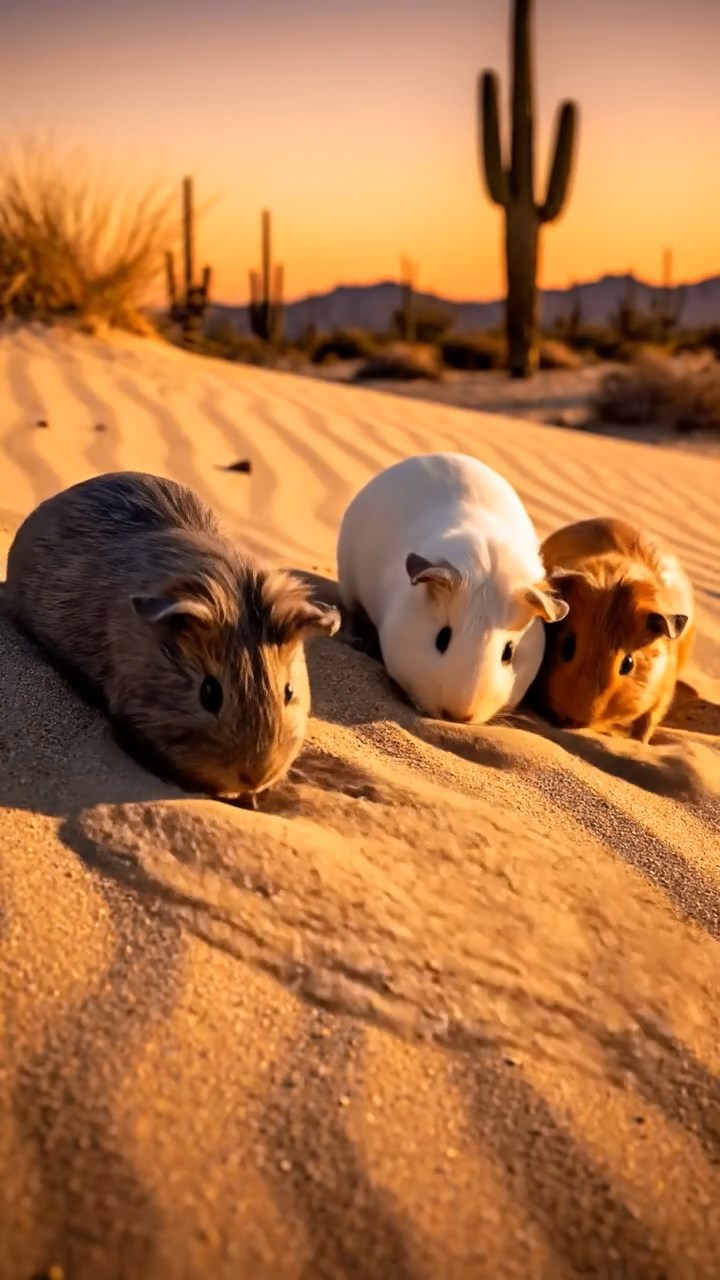 393. Detailed photo of 3 smooth-haired American guinea pigs with Gray, Cream, and Brown fur, burrowing like rabbits in a sandy dune with sparse grass and distant cacti, under a golden sunset, creating a vivid, realistic desert scene.