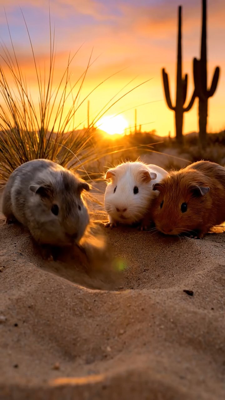 393. Detailed photo of 3 smooth-haired American guinea pigs with Gray, Cream, and Brown fur, burrowing like rabbits in a sandy dune with sparse grass and distant cacti, under a golden sunset, creating a vivid, realistic desert scene.