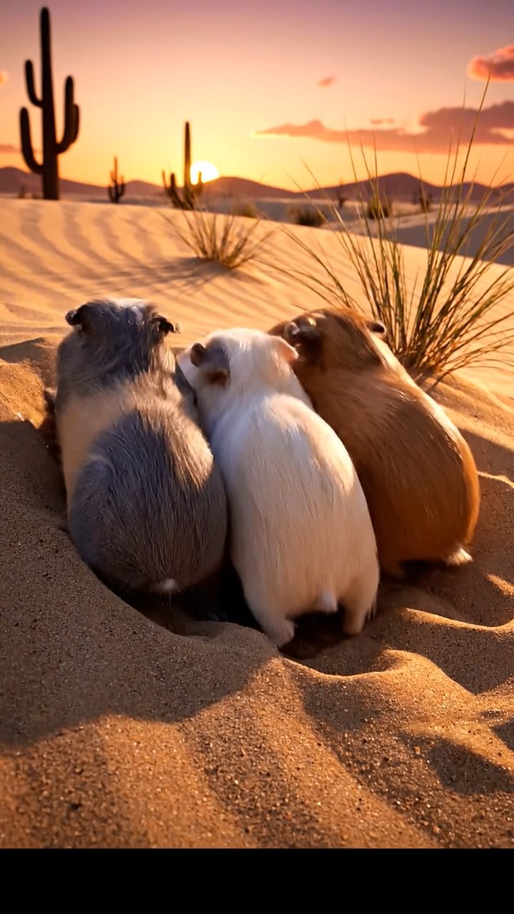 393. Detailed photo of 3 smooth-haired American guinea pigs with Gray, Cream, and Brown fur, burrowing like rabbits in a sandy dune with sparse grass and distant cacti, under a golden sunset, creating a vivid, realistic desert scene.