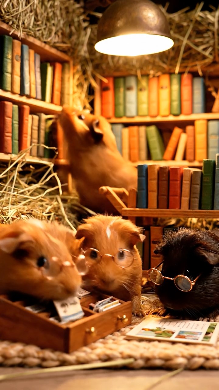 394. Photorealistic scene of 4 smooth-haired Teddy guinea pigs with Fawn, Chocolate, Cinnamon, and Sable fur, dressed as librarians in tiny glasses, cataloging miniature books in a guinea pig library with hay shelves and soft lamplight, capturing a realistic, cozy moment.