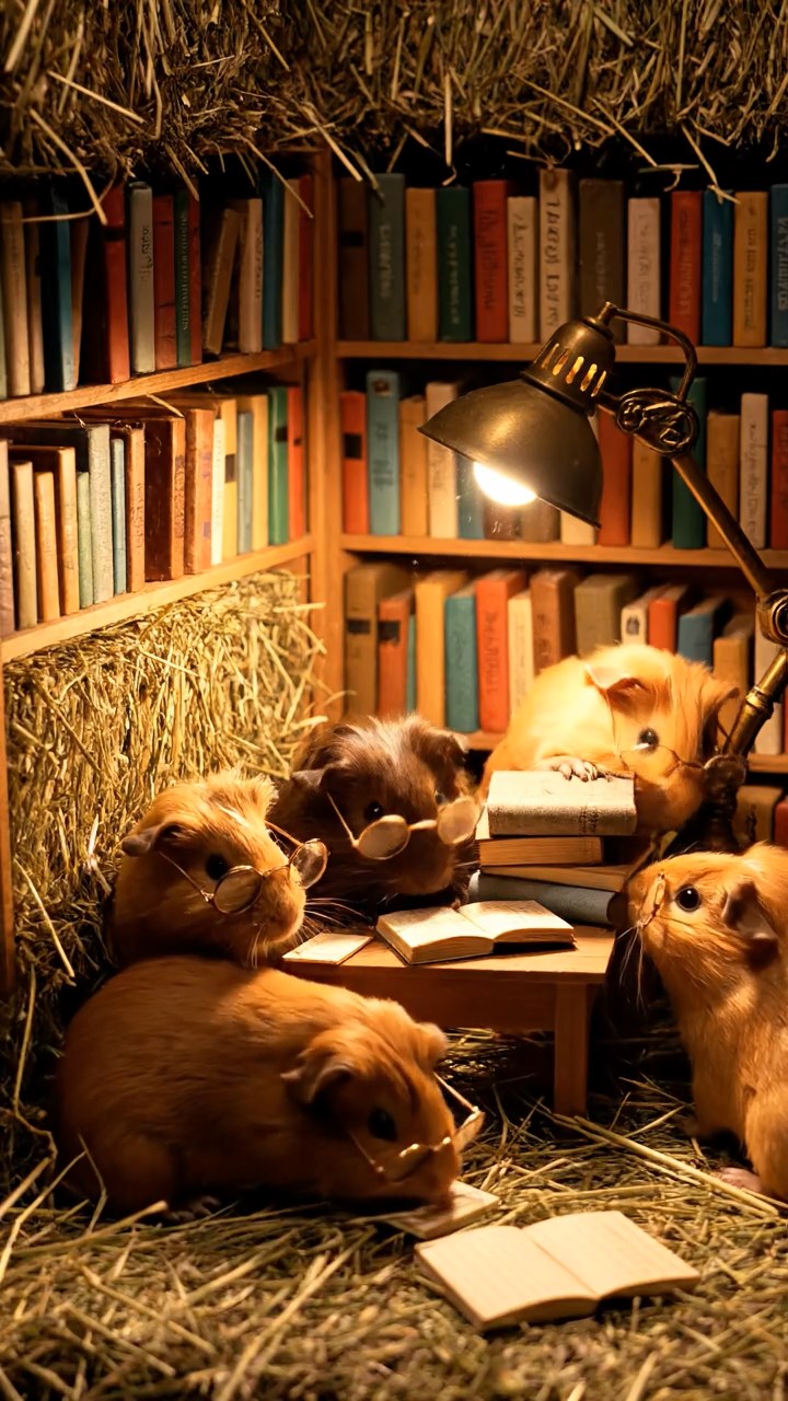 394. Photorealistic scene of 4 smooth-haired Teddy guinea pigs with Fawn, Chocolate, Cinnamon, and Sable fur, dressed as librarians in tiny glasses, cataloging miniature books in a guinea pig library with hay shelves and soft lamplight, capturing a realistic, cozy moment.