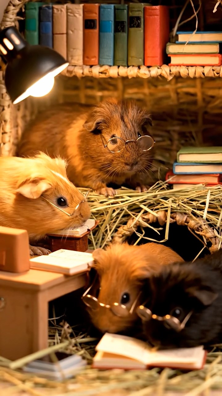 394. Photorealistic scene of 4 smooth-haired Teddy guinea pigs with Fawn, Chocolate, Cinnamon, and Sable fur, dressed as librarians in tiny glasses, cataloging miniature books in a guinea pig library with hay shelves and soft lamplight, capturing a realistic, cozy moment.