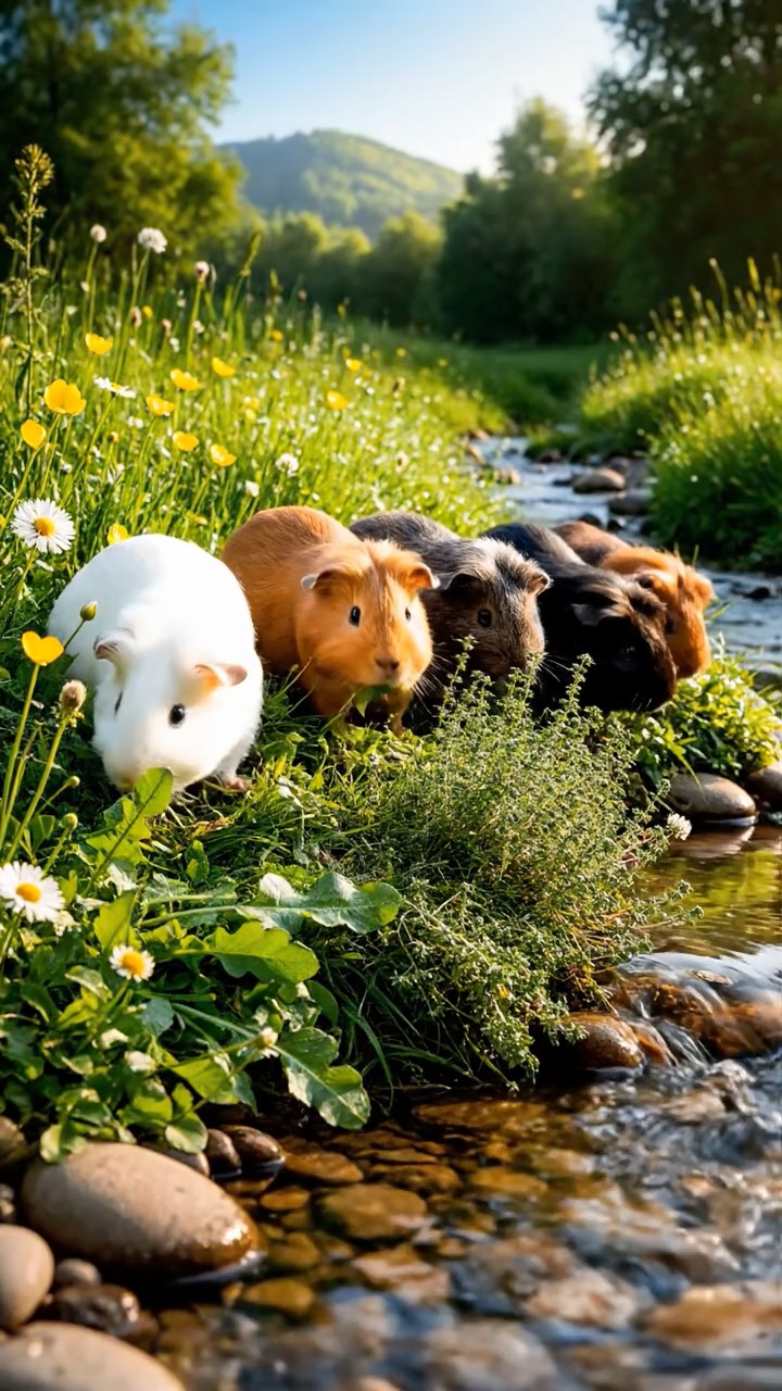395. Highly detailed view of 5 smooth-haired Himalayan guinea pigs with White, Orange, Gray, Black, and Brown fur, foraging for wild herbs in a lush meadow with wildflowers and a babbling brook, under soft morning light, creating a realistic, serene pastoral scene.