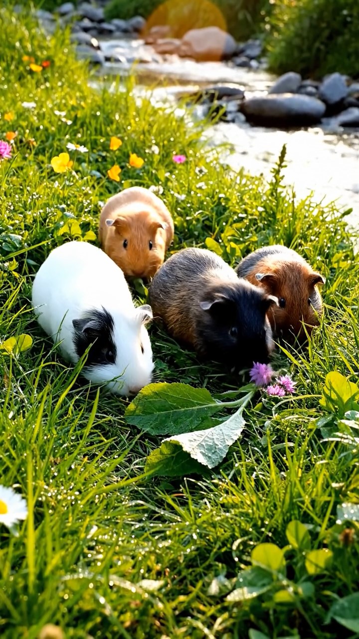 395. Highly detailed view of 5 smooth-haired Himalayan guinea pigs with White, Orange, Gray, Black, and Brown fur, foraging for wild herbs in a lush meadow with wildflowers and a babbling brook, under soft morning light, creating a realistic, serene pastoral scene.