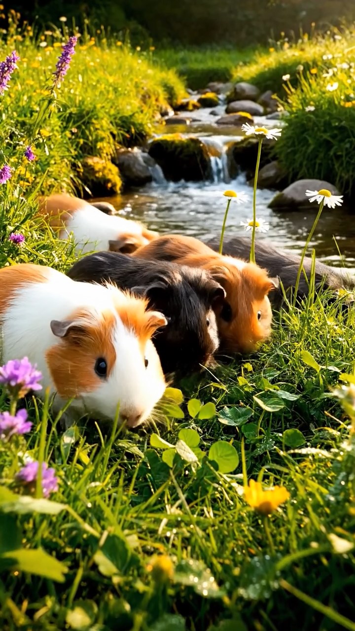 395. Highly detailed view of 5 smooth-haired Himalayan guinea pigs with White, Orange, Gray, Black, and Brown fur, foraging for wild herbs in a lush meadow with wildflowers and a babbling brook, under soft morning light, creating a realistic, serene pastoral scene.
