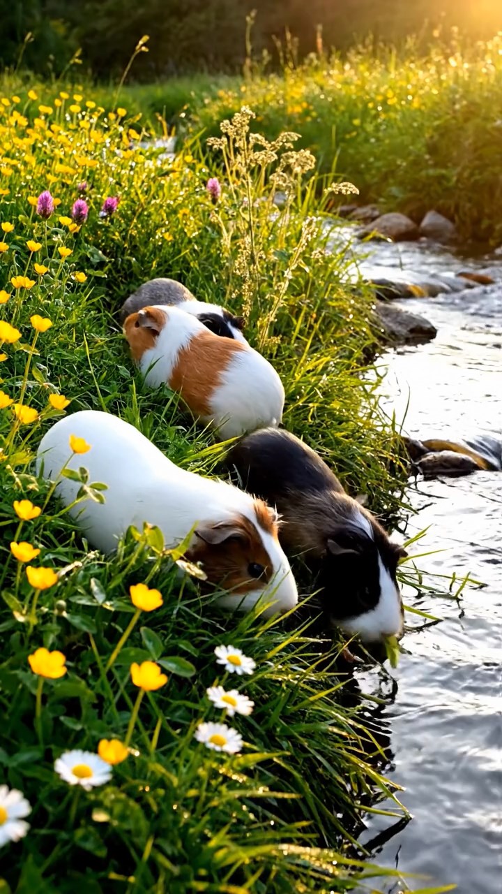 395. Highly detailed view of 5 smooth-haired Himalayan guinea pigs with White, Orange, Gray, Black, and Brown fur, foraging for wild herbs in a lush meadow with wildflowers and a babbling brook, under soft morning light, creating a realistic, serene pastoral scene.