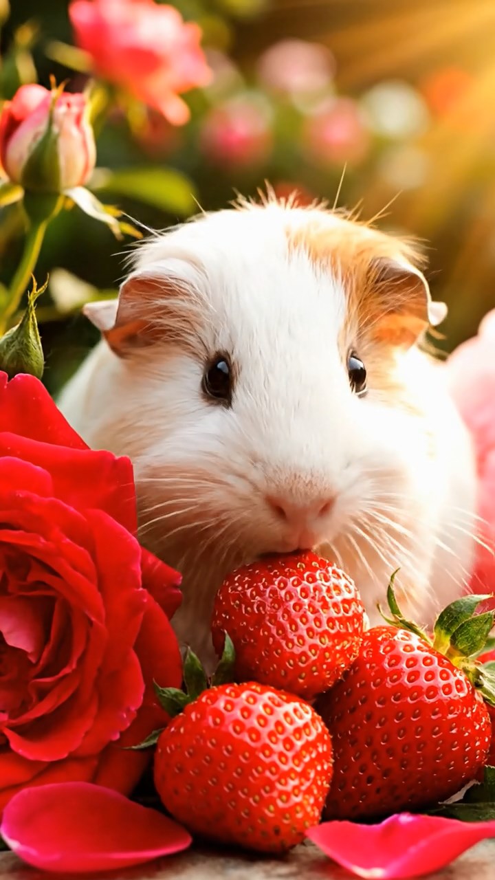396. Realistic scene of 1 smooth-haired Californian guinea pig with Cream fur, nibbling on strawberries, in a fragrant rose garden with blooming red and white roses, under warm sunlight, capturing a vivid, lifelike romantic moment.