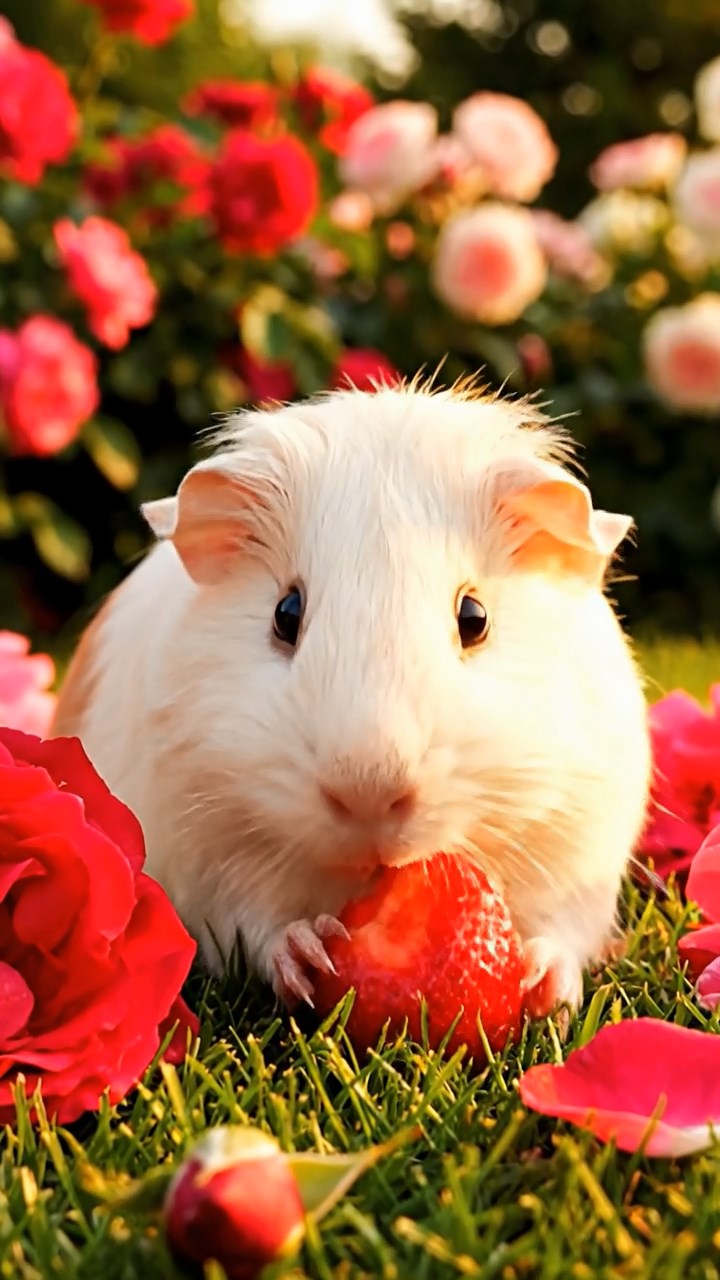396. Realistic scene of 1 smooth-haired Californian guinea pig with Cream fur, nibbling on strawberries, in a fragrant rose garden with blooming red and white roses, under warm sunlight, capturing a vivid, lifelike romantic moment.