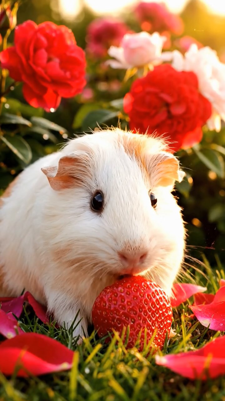 396. Realistic scene of 1 smooth-haired Californian guinea pig with Cream fur, nibbling on strawberries, in a fragrant rose garden with blooming red and white roses, under warm sunlight, capturing a vivid, lifelike romantic moment.