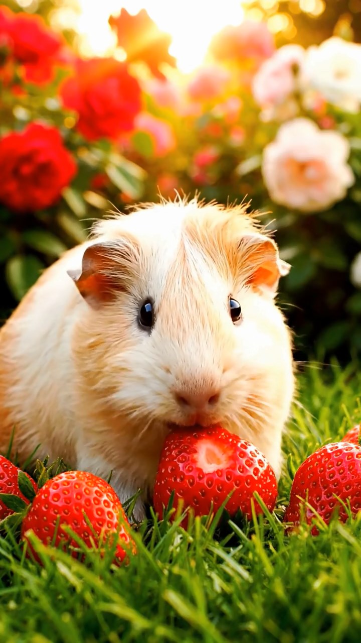 396. Realistic scene of 1 smooth-haired Californian guinea pig with Cream fur, nibbling on strawberries, in a fragrant rose garden with blooming red and white roses, under warm sunlight, capturing a vivid, lifelike romantic moment.