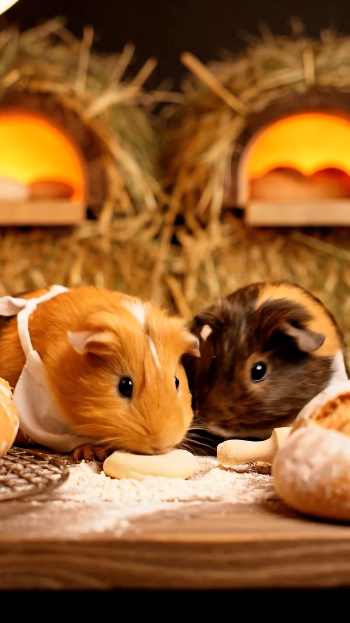397. Detailed photo of 2 smooth-haired American guinea pigs with Fawn and Sable fur, dressed as bakers in tiny aprons, baking bread in a guinea pig bakery with hay ovens and wooden counters, under soft lamplight, creating a realistic, cozy culinary scene.