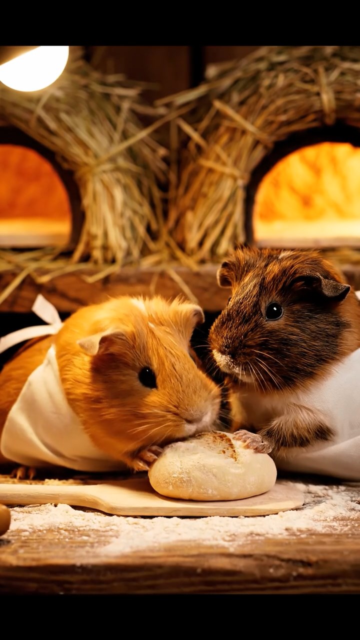 397. Detailed photo of 2 smooth-haired American guinea pigs with Fawn and Sable fur, dressed as bakers in tiny aprons, baking bread in a guinea pig bakery with hay ovens and wooden counters, under soft lamplight, creating a realistic, cozy culinary scene.