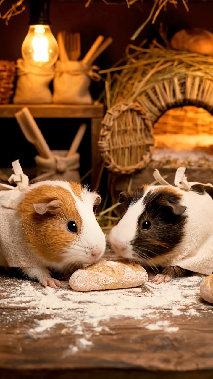 397. Detailed photo of 2 smooth-haired American guinea pigs with Fawn and Sable fur, dressed as bakers in tiny aprons, baking bread in a guinea pig bakery with hay ovens and wooden counters, under soft lamplight, creating a realistic, cozy culinary scene.