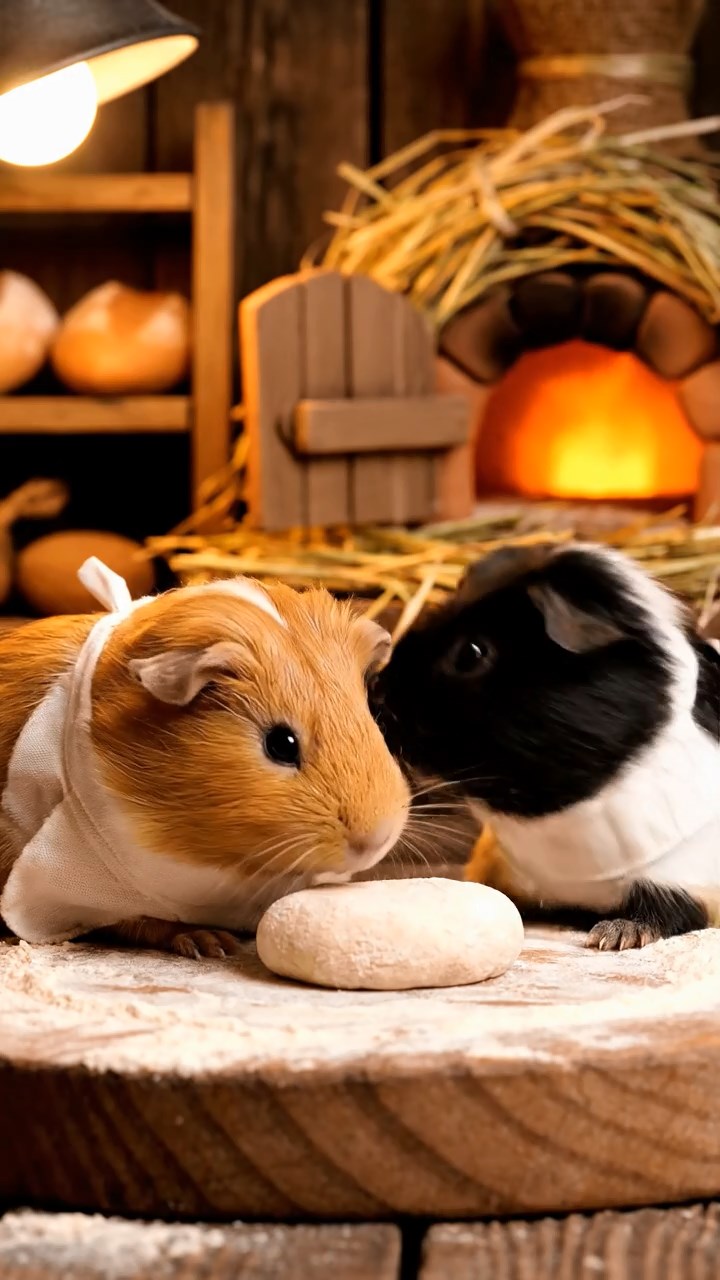 397. Detailed photo of 2 smooth-haired American guinea pigs with Fawn and Sable fur, dressed as bakers in tiny aprons, baking bread in a guinea pig bakery with hay ovens and wooden counters, under soft lamplight, creating a realistic, cozy culinary scene.