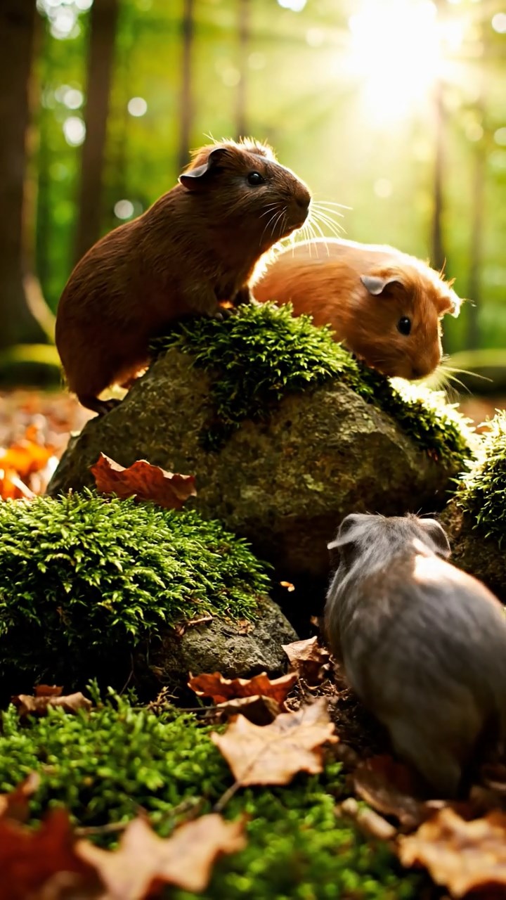 398. Photorealistic scene of 3 smooth-haired Teddy guinea pigs with Chocolate, Cinnamon, and Gray fur, climbing small rocks in a forested glade with soft moss and scattered leaves, under dappled sunlight, enhancing the authentic, adventurous atmosphere.