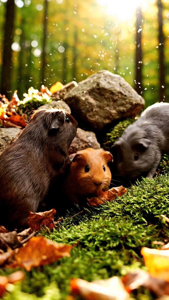 398. Photorealistic scene of 3 smooth-haired Teddy guinea pigs with Chocolate, Cinnamon, and Gray fur, climbing small rocks in a forested glade with soft moss and scattered leaves, under dappled sunlight, enhancing the authentic, adventurous atmosphere.