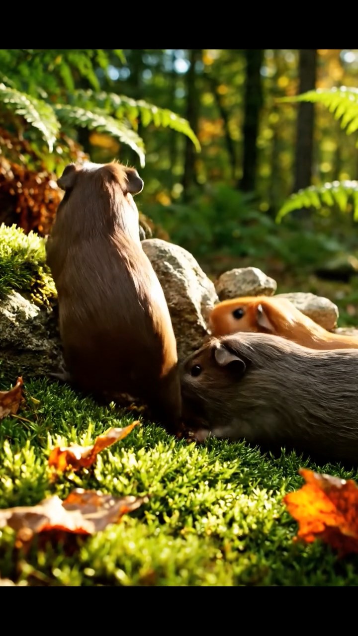 398. Photorealistic scene of 3 smooth-haired Teddy guinea pigs with Chocolate, Cinnamon, and Gray fur, climbing small rocks in a forested glade with soft moss and scattered leaves, under dappled sunlight, enhancing the authentic, adventurous atmosphere.