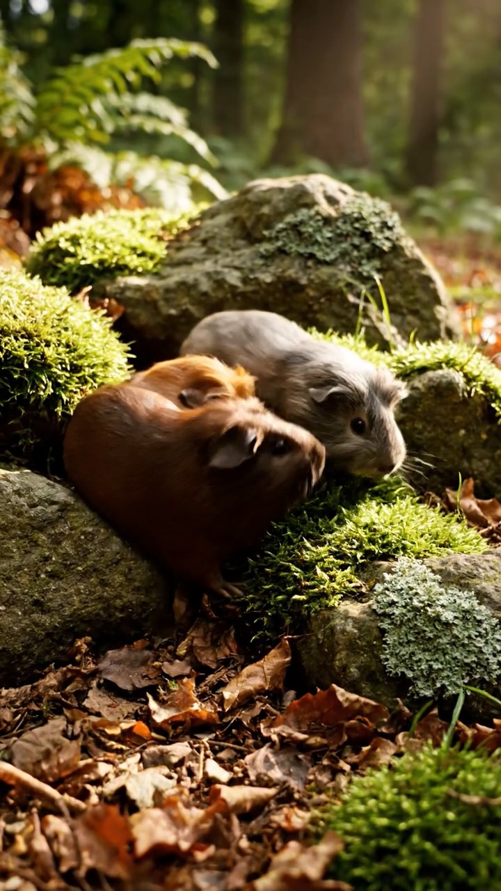 398. Photorealistic scene of 3 smooth-haired Teddy guinea pigs with Chocolate, Cinnamon, and Gray fur, climbing small rocks in a forested glade with soft moss and scattered leaves, under dappled sunlight, enhancing the authentic, adventurous atmosphere.