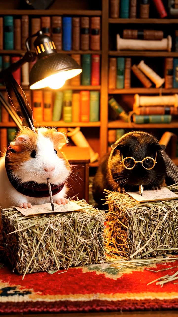399. Highly detailed view of 4 smooth-haired Himalayan guinea pigs with White, Orange, Black, and Brown fur, dressed as writers in tiny scarves, drafting poems in a guinea pig study with miniature books and hay desks, under warm lamplight, creating a vivid, realistic literary scene.