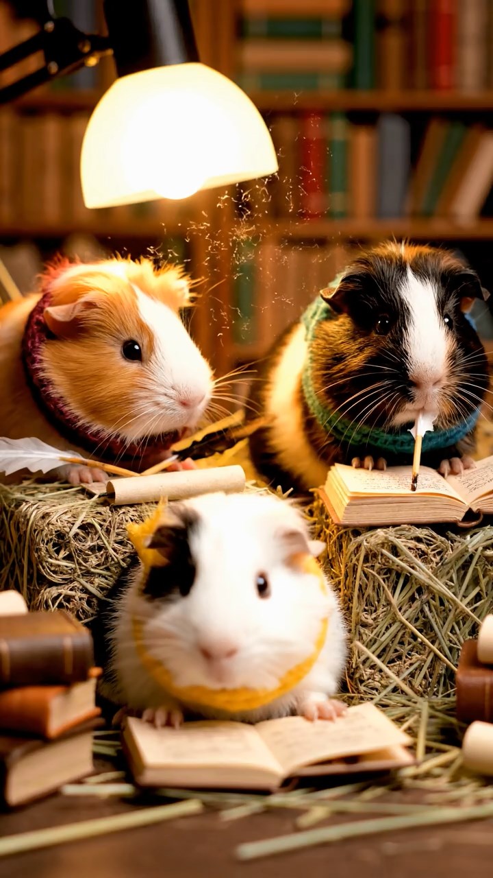 399. Highly detailed view of 4 smooth-haired Himalayan guinea pigs with White, Orange, Black, and Brown fur, dressed as writers in tiny scarves, drafting poems in a guinea pig study with miniature books and hay desks, under warm lamplight, creating a vivid, realistic literary scene.