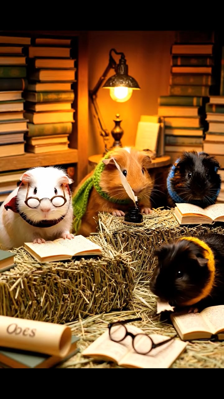 399. Highly detailed view of 4 smooth-haired Himalayan guinea pigs with White, Orange, Black, and Brown fur, dressed as writers in tiny scarves, drafting poems in a guinea pig study with miniature books and hay desks, under warm lamplight, creating a vivid, realistic literary scene.