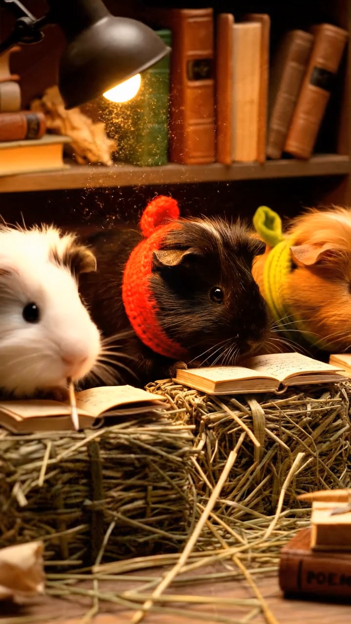 399. Highly detailed view of 4 smooth-haired Himalayan guinea pigs with White, Orange, Black, and Brown fur, dressed as writers in tiny scarves, drafting poems in a guinea pig study with miniature books and hay desks, under warm lamplight, creating a vivid, realistic literary scene.