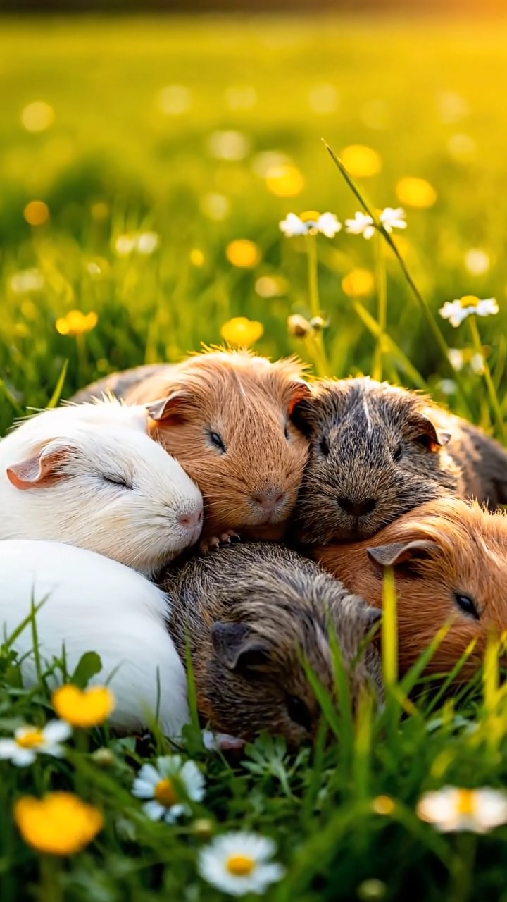 400. Realistic scene of 5 smooth-haired Californian guinea pigs with Cream, Fawn, Sable, Gray, and Cinnamon fur, sleeping in a cozy pile in a lush meadow with wildflowers and a gentle breeze, under golden sunlight, capturing a lifelike, tranquil group moment.