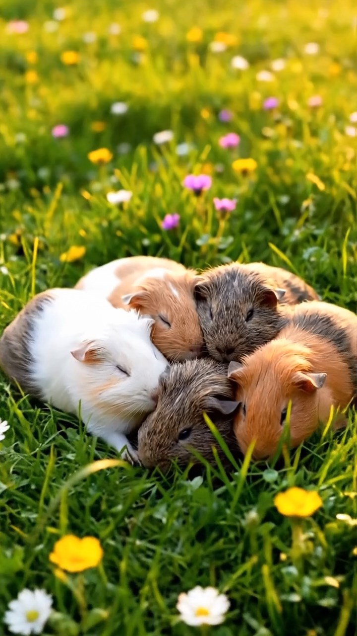400. Realistic scene of 5 smooth-haired Californian guinea pigs with Cream, Fawn, Sable, Gray, and Cinnamon fur, sleeping in a cozy pile in a lush meadow with wildflowers and a gentle breeze, under golden sunlight, capturing a lifelike, tranquil group moment.