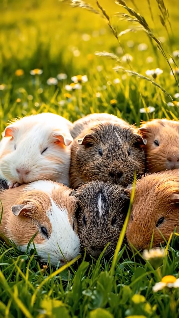 400. Realistic scene of 5 smooth-haired Californian guinea pigs with Cream, Fawn, Sable, Gray, and Cinnamon fur, sleeping in a cozy pile in a lush meadow with wildflowers and a gentle breeze, under golden sunlight, capturing a lifelike, tranquil group moment.