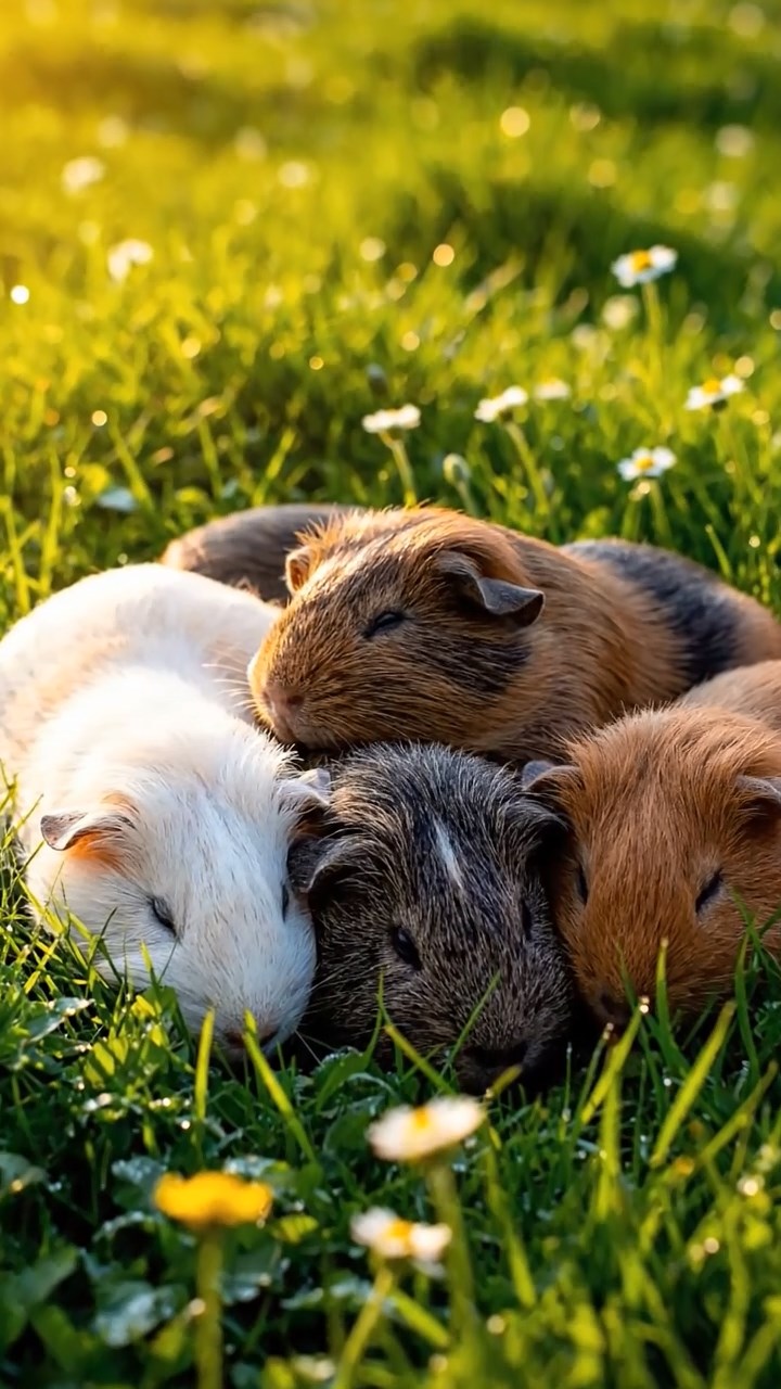 400. Realistic scene of 5 smooth-haired Californian guinea pigs with Cream, Fawn, Sable, Gray, and Cinnamon fur, sleeping in a cozy pile in a lush meadow with wildflowers and a gentle breeze, under golden sunlight, capturing a lifelike, tranquil group moment.