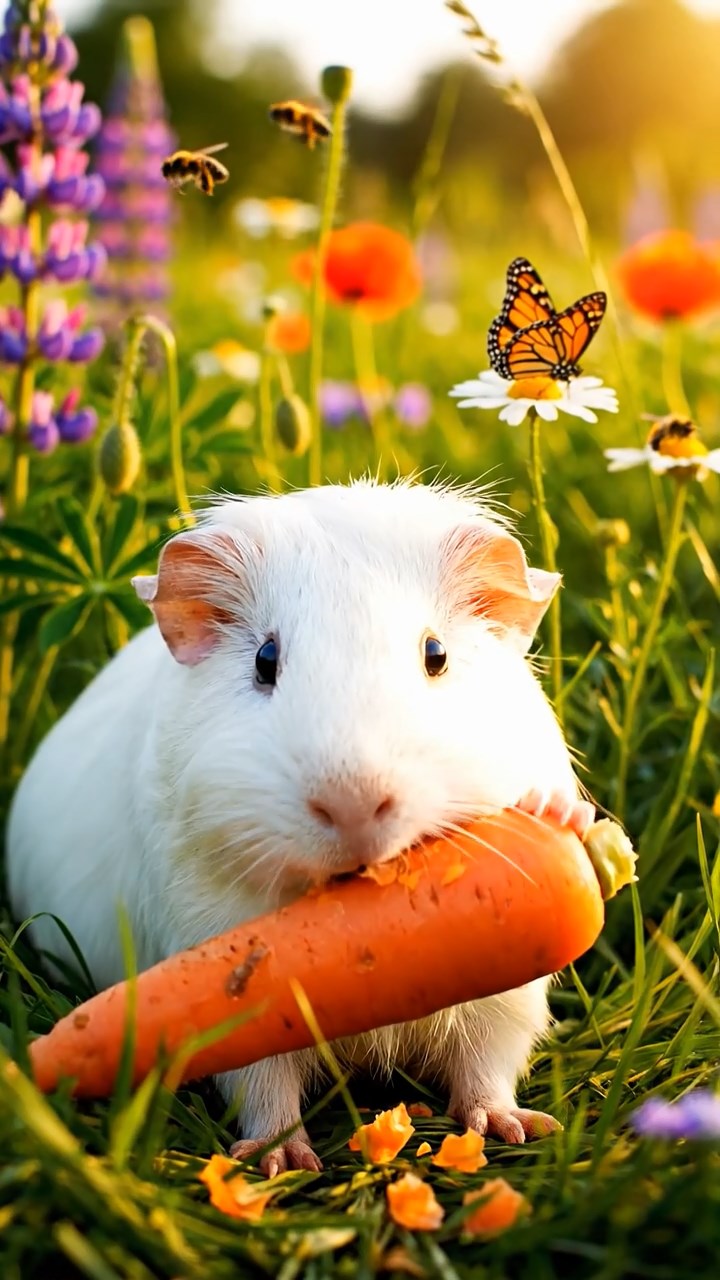 401. Detailed photo of 1 smooth-haired American guinea pig with White fur, munching on fresh carrots, in a vibrant wildflower field buzzing with bees and butterflies, under soft sunlight, creating a realistic, colorful scene of peaceful foraging in a serene meadow.