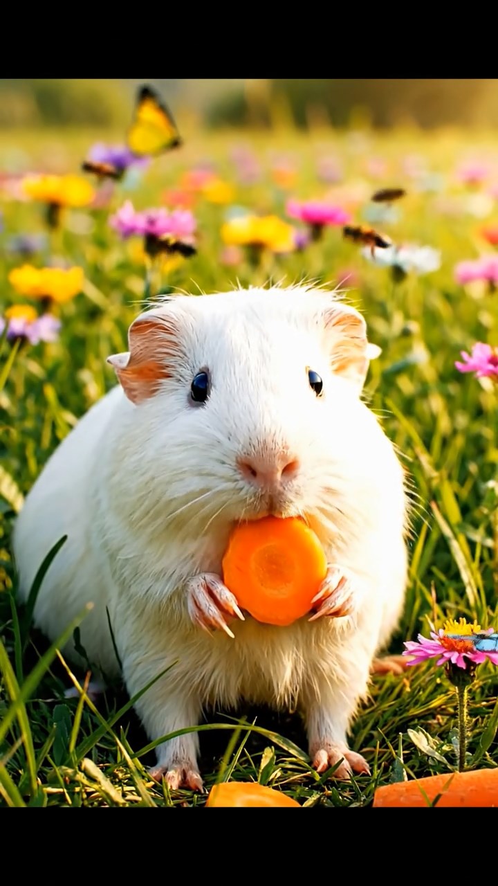 401. Detailed photo of 1 smooth-haired American guinea pig with White fur, munching on fresh carrots, in a vibrant wildflower field buzzing with bees and butterflies, under soft sunlight, creating a realistic, colorful scene of peaceful foraging in a serene meadow.