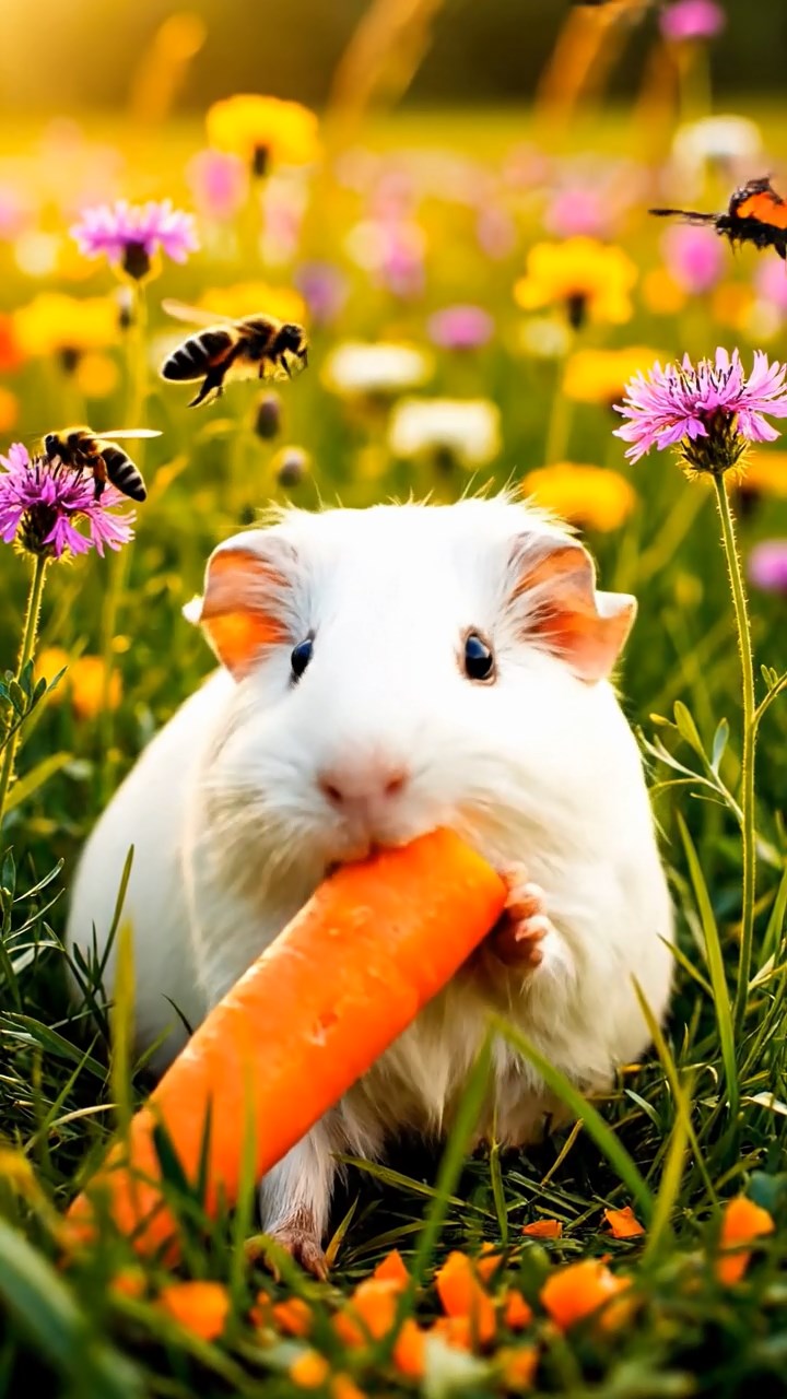 401. Detailed photo of 1 smooth-haired American guinea pig with White fur, munching on fresh carrots, in a vibrant wildflower field buzzing with bees and butterflies, under soft sunlight, creating a realistic, colorful scene of peaceful foraging in a serene meadow.