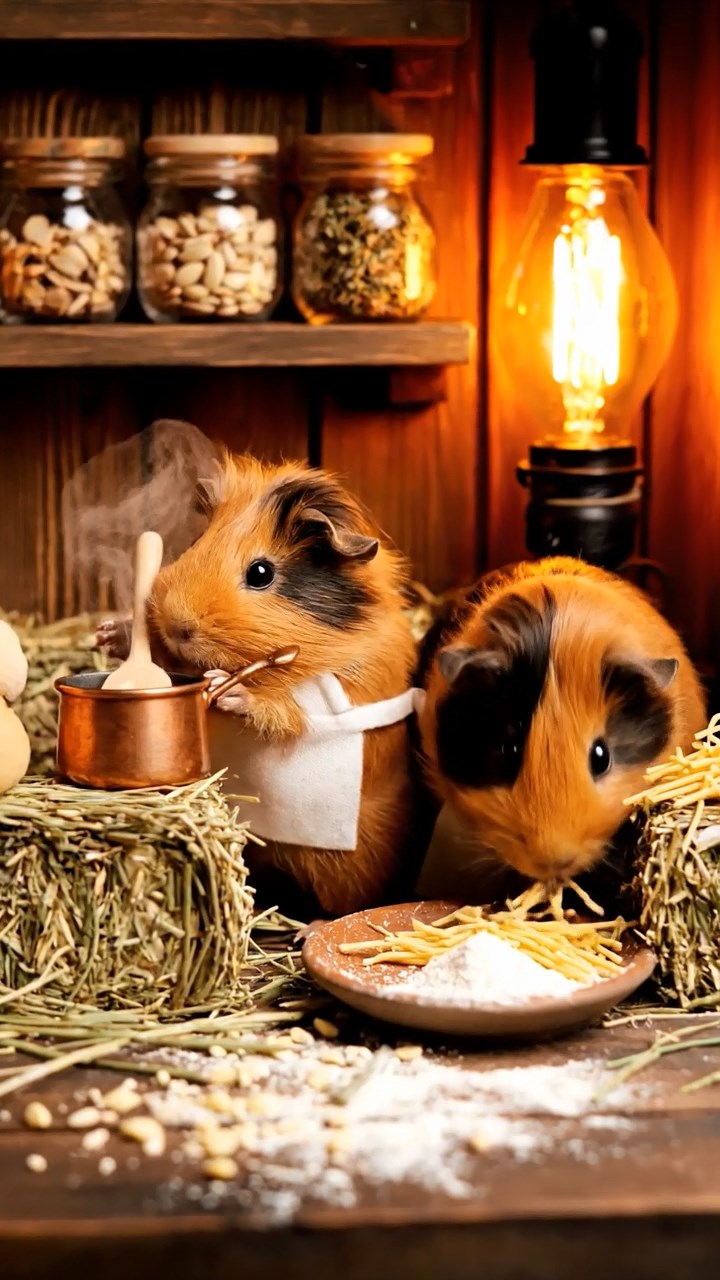 402. Photorealistic scene of 2 smooth-haired Teddy guinea pigs with Orange and Black fur, dressed as chefs in tiny aprons, preparing miniature pasta dishes in a cozy guinea pig kitchen with hay counters and wooden shelves, under warm lamplight, capturing a vivid, lifelike culinary moment.
