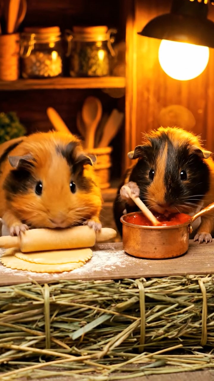 402. Photorealistic scene of 2 smooth-haired Teddy guinea pigs with Orange and Black fur, dressed as chefs in tiny aprons, preparing miniature pasta dishes in a cozy guinea pig kitchen with hay counters and wooden shelves, under warm lamplight, capturing a vivid, lifelike culinary moment.