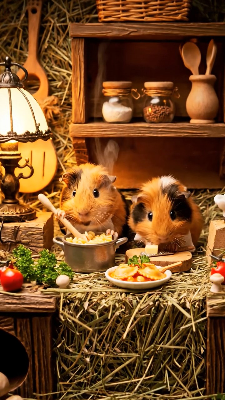 402. Photorealistic scene of 2 smooth-haired Teddy guinea pigs with Orange and Black fur, dressed as chefs in tiny aprons, preparing miniature pasta dishes in a cozy guinea pig kitchen with hay counters and wooden shelves, under warm lamplight, capturing a vivid, lifelike culinary moment.