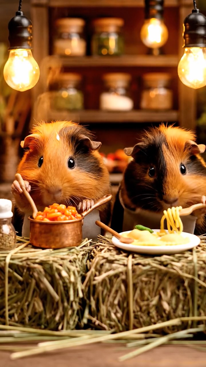 402. Photorealistic scene of 2 smooth-haired Teddy guinea pigs with Orange and Black fur, dressed as chefs in tiny aprons, preparing miniature pasta dishes in a cozy guinea pig kitchen with hay counters and wooden shelves, under warm lamplight, capturing a vivid, lifelike culinary moment.