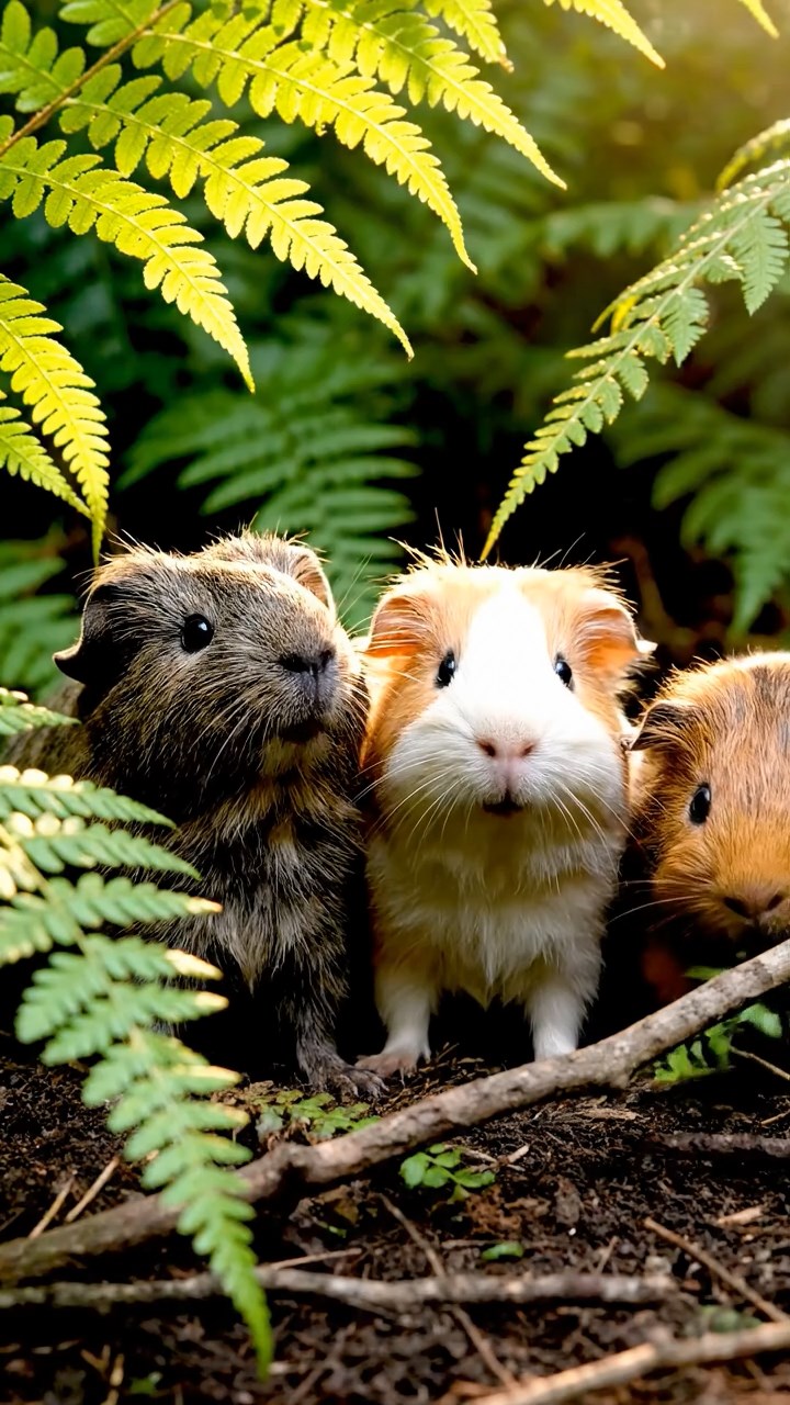 403. Highly detailed view of 3 smooth-haired Himalayan guinea pigs with Gray, Cream, and Brown fur, squeaking to communicate in a lush fern grove with dense green fronds and scattered twigs, under dappled sunlight, creating a realistic, immersive scene of natural interaction.