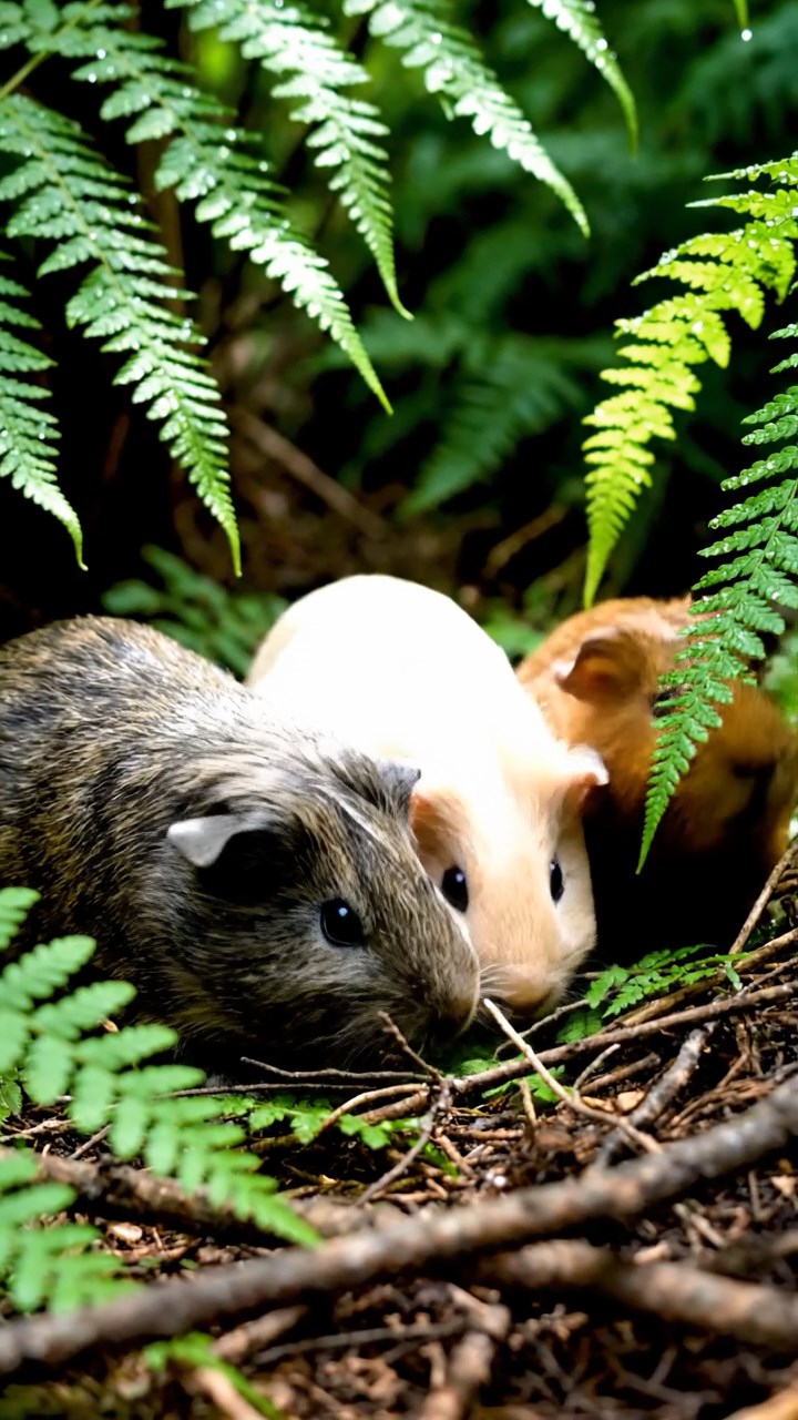 403. Highly detailed view of 3 smooth-haired Himalayan guinea pigs with Gray, Cream, and Brown fur, squeaking to communicate in a lush fern grove with dense green fronds and scattered twigs, under dappled sunlight, creating a realistic, immersive scene of natural interaction.