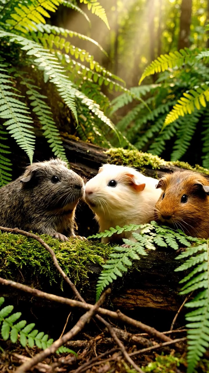 403. Highly detailed view of 3 smooth-haired Himalayan guinea pigs with Gray, Cream, and Brown fur, squeaking to communicate in a lush fern grove with dense green fronds and scattered twigs, under dappled sunlight, creating a realistic, immersive scene of natural interaction.