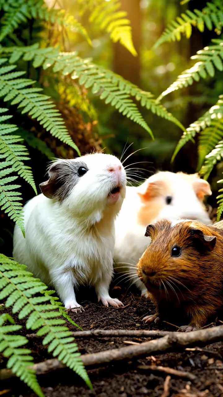 403. Highly detailed view of 3 smooth-haired Himalayan guinea pigs with Gray, Cream, and Brown fur, squeaking to communicate in a lush fern grove with dense green fronds and scattered twigs, under dappled sunlight, creating a realistic, immersive scene of natural interaction.