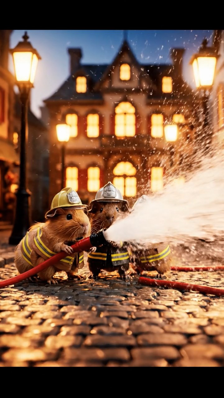 404. Realistic scene of 4 smooth-haired Californian guinea pigs with Fawn, Chocolate, Cinnamon, and Sable fur, dressed as firefighters in tiny uniforms, operating a miniature hose in a guinea pig town square with cobblestone paths and glowing lanterns, enhancing the lifelike, heroic atmosphere.