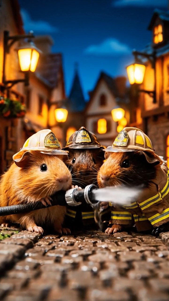 404. Realistic scene of 4 smooth-haired Californian guinea pigs with Fawn, Chocolate, Cinnamon, and Sable fur, dressed as firefighters in tiny uniforms, operating a miniature hose in a guinea pig town square with cobblestone paths and glowing lanterns, enhancing the lifelike, heroic atmosphere.