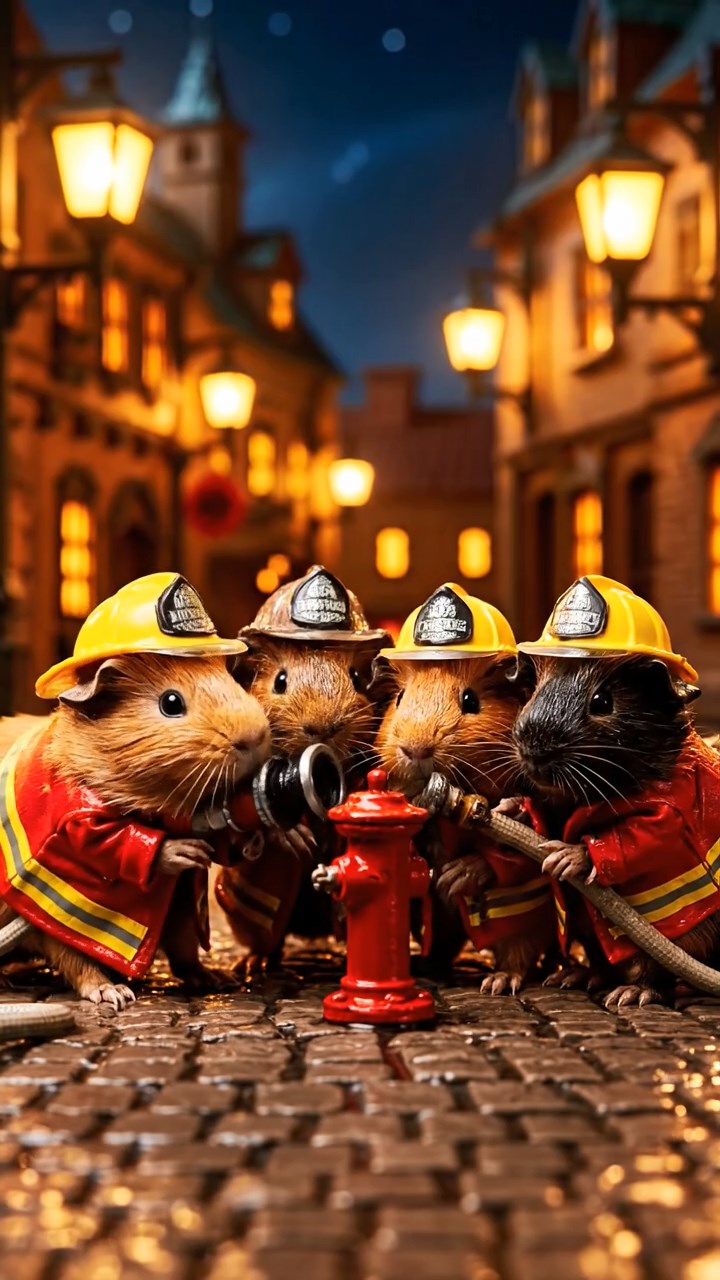 404. Realistic scene of 4 smooth-haired Californian guinea pigs with Fawn, Chocolate, Cinnamon, and Sable fur, dressed as firefighters in tiny uniforms, operating a miniature hose in a guinea pig town square with cobblestone paths and glowing lanterns, enhancing the lifelike, heroic atmosphere.