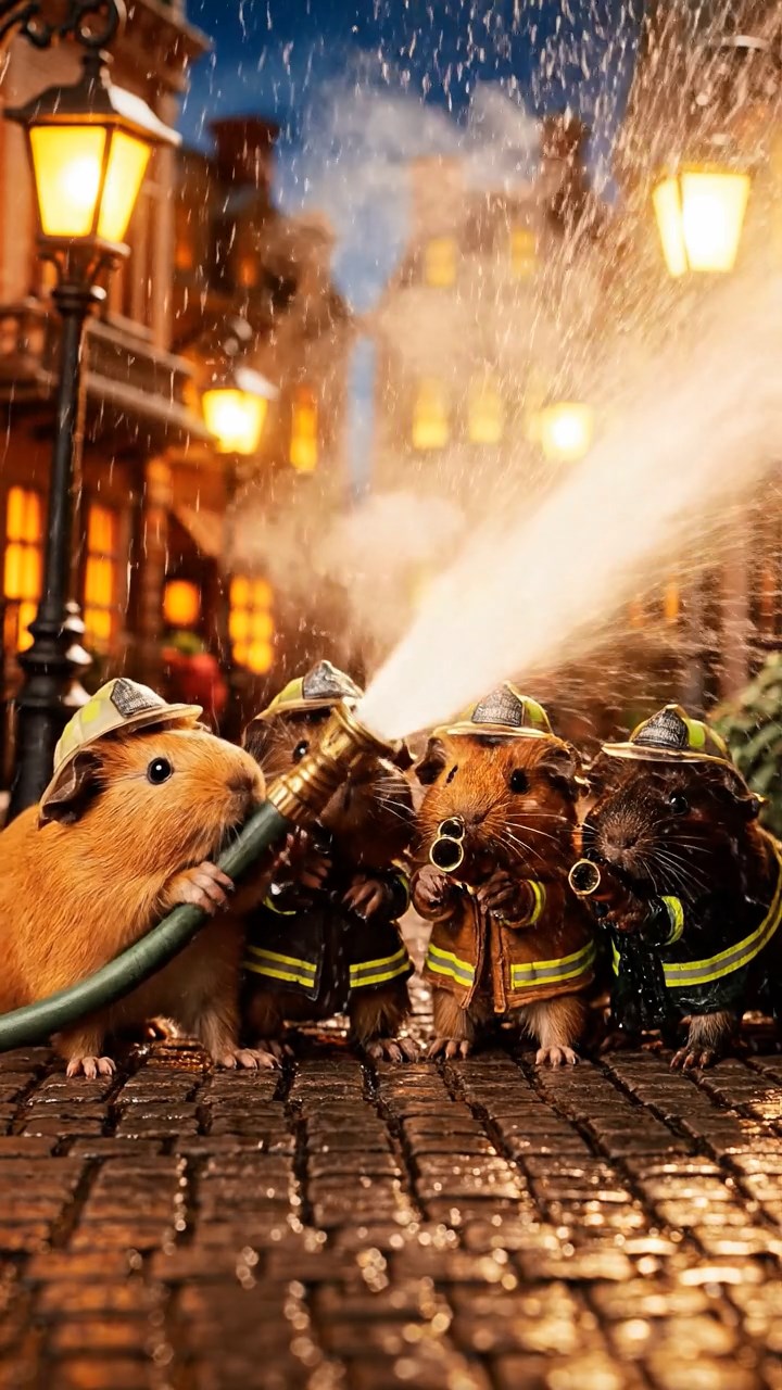 404. Realistic scene of 4 smooth-haired Californian guinea pigs with Fawn, Chocolate, Cinnamon, and Sable fur, dressed as firefighters in tiny uniforms, operating a miniature hose in a guinea pig town square with cobblestone paths and glowing lanterns, enhancing the lifelike, heroic atmosphere.