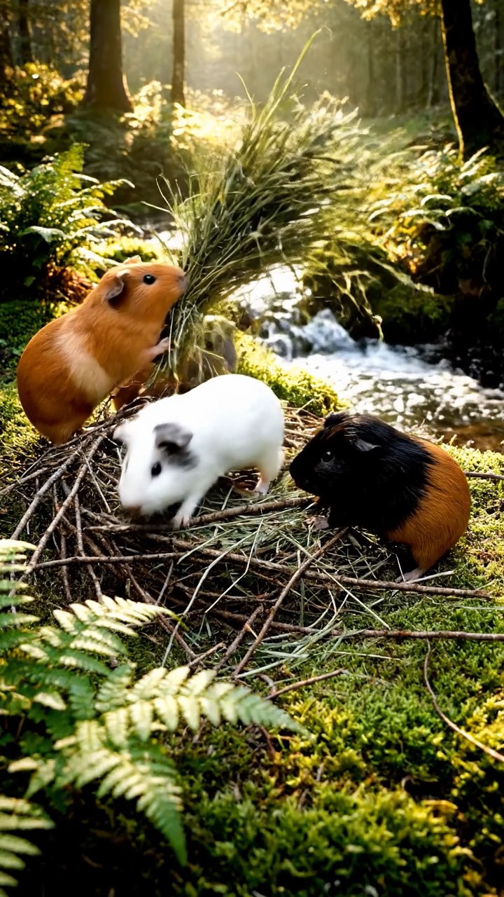 405. Detailed photo of 5 smooth-haired American guinea pigs with White, Orange, Gray, Black, and Brown fur, nest-building with twigs and grass in a tranquil forest glade with soft ferns and a babbling brook, under gentle morning light, creating a vivid, realistic scene of cooperative effort.